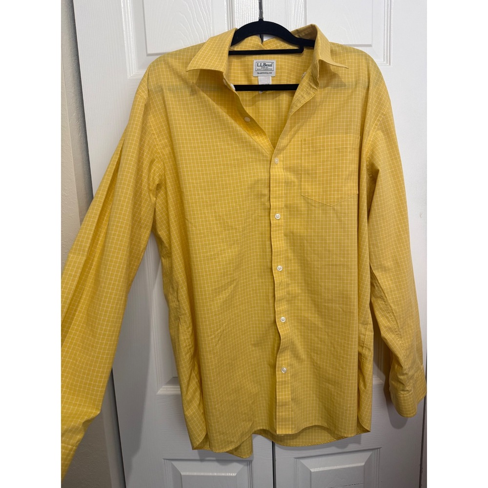 LL Bean Mens XL Regular Yellow Windowpane Check Cotton Shirt Traditional Fit